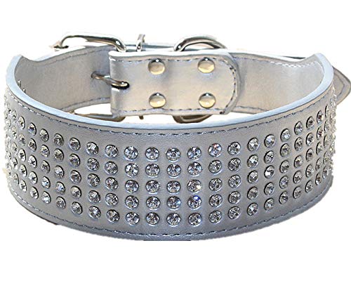 haoyueer Strass-Hundehalsband, 5 cm breit, 5 Reihen, voll funkelnde Kristalldiamanten, schillernd, funkelnd, elegant, schick, PU-Leder, Hundehalsband für mittelgroße und große Hunde (M, Silber) von haoyueer