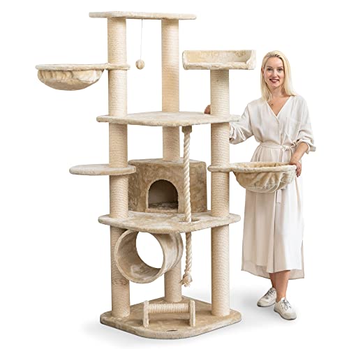 HAPPYPET Kratzbaum für Katzen groß 181 cm hoch - Stabiler Kletterbaum Katzenbaum, Dicke Stämme mit 11 cm, Haus & Spieltunnel, große Liegemulden, Spietau mit Kratzrolle, Creme von Happypet