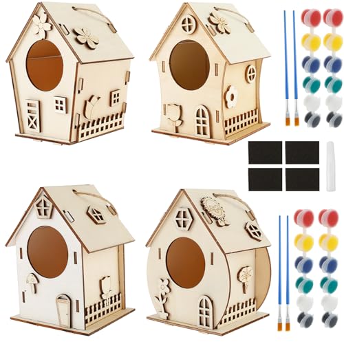 Harupink 4PCS DIY Birdhouse Kit Wood Birdhouse Craft Kit Inspire Kreativität Birdhouse Making Kit entwickeln Hände und Fähigkeiten Doodle Birdhouse DIY Paint Birdhouse für Kind von harupink