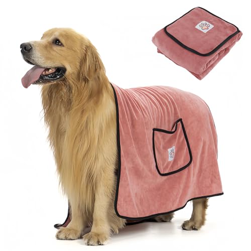 heavenlife Badehandtuch für Hunde, Handtücher Schnelltrocknend Groß Hund 130X70cm, Hundehandtuch Mikrofaser 400gsm Extra Weich, Handtuch Extra Saugfähig Mit Taschen für Haustier (Rosa) von heavenlife