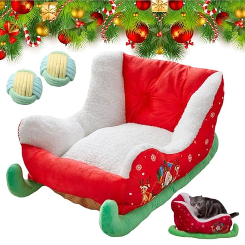 heofonm Interesting Red Christmas Cat Dog Bed, Christmas Sleigh Dog Bed, Dog Sleigh Bed, Festive Plush Cozy Dog Bed - Christmas Sleigh, Christmas Holiday Themed Pet Bed von heofonm