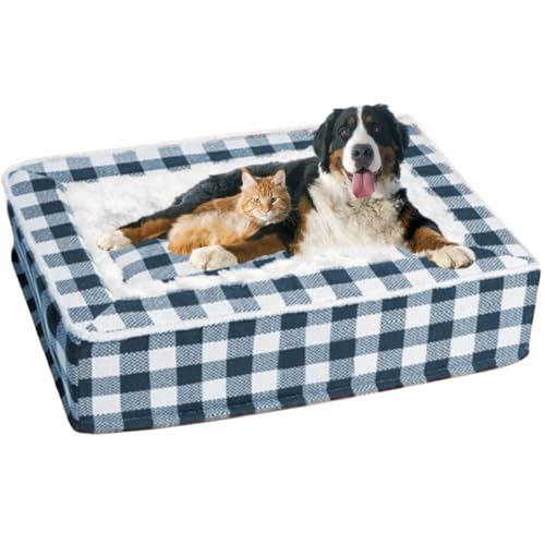 heofonm Tartan Cozy Dog Anti-Anxiety Calming Bed, Festive Classic Square Pet Bed, Christmas Classic Tartan Pet Bed, Suitable for Cats and Dogs (L,Blue) von heofonm