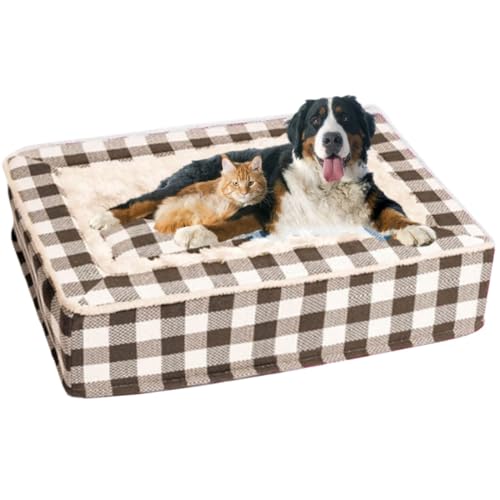 heofonm Tartan Cozy Dog Anti-Anxiety Calming Bed, Festive Classic Square Pet Bed, Christmas Classic Tartan Pet Bed, Suitable for Cats and Dogs (L,Brown) von heofonm