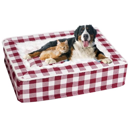 heofonm Tartan Cozy Dog Anti-Anxiety Calming Bed, Festive Classic Square Pet Bed, Christmas Classic Tartan Pet Bed, Suitable for Cats and Dogs (L,Red) von heofonm