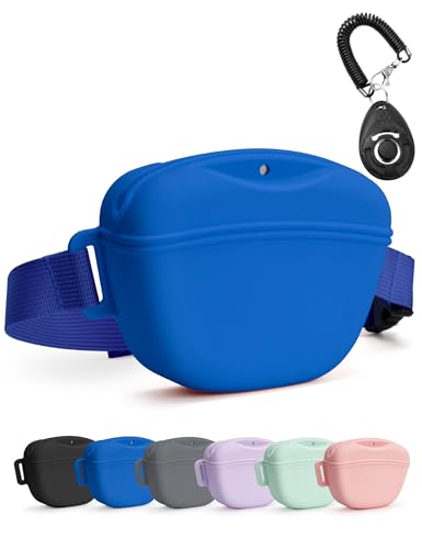 heouvo Hundeleckerli-Tasche mit Trainingsclicker, Verbessertem Stärkeren Magnetischen Verschluss zur Vermeidung von Verschüttungen, 1,67-Cup-Silikon-Leckerlibeutel Fanny Pack (Blau) von heouvo