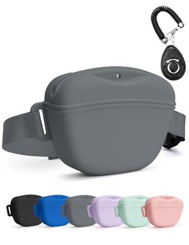 heouvo Hundeleckerli-Tasche mit Trainingsclicker, Verbessertem Stärkeren Magnetischen Verschluss zur Vermeidung von Verschüttungen, 1,67-Cup-Silikon-Leckerlibeutel Fanny Pack (Grau) von heouvo