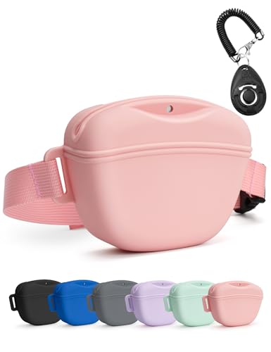 heouvo Hundeleckerli-Tasche mit Trainingsclicker, Verbessertem Stärkeren Magnetischen Verschluss zur Vermeidung von Verschüttungen, 1,67-Cup-Silikon-Leckerlibeutel Fanny Pack (Rosa) von heouvo