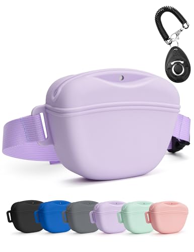 heouvo Hundeleckerli-Tasche mit Trainingsclicker, Verbessertem Stärkeren Magnetischen Verschluss zur Vermeidung von Verschüttungen, 1,67-Cup-Silikon-Leckerlibeutel Fanny Pack (Violett) von heouvo