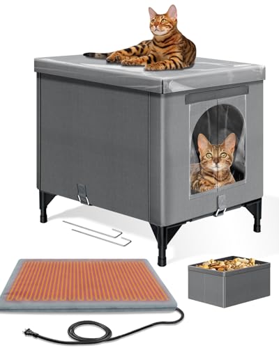 Beheiztes Katzenhaus für draußen, faltbares Outdoor-Katzenhaus für den Winter, isoliert, wasserdicht, mit thermostatischem Katzen-Heizkissen, Katzenhaus mit PVC-Dach und Tür für draußen streunende von herehomi