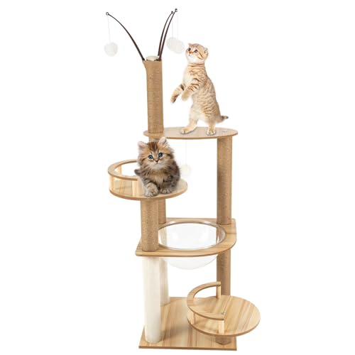 Moderner Katzenbaum, Gesamthöhe 132cm, 4 Schichten Katzen Kletterbaum mit Katzenkratzbaum + Spielbälle Hellbraun von hinnhonay