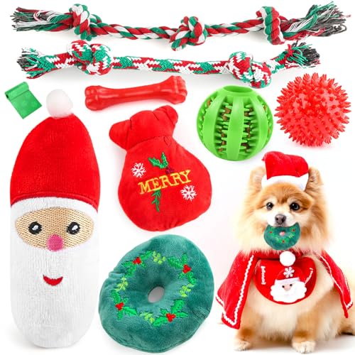 hohom Weihnachts-Hundespielzeug, 9 Stück, luxuriöses Kauspielzeug für Welpen, Baumwolle, quietschendes Plüschspielzeug für kleine Hunde, langlebiges interaktives Seil, Leckerli-Hundeball und Knochen, von hohom