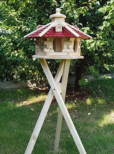 holzdekoladen Vogelhaus, Vogelhäuser Holz Handarbeit Typ 37 (klein mit Ständer, rot/Natur) von holzdekoladen