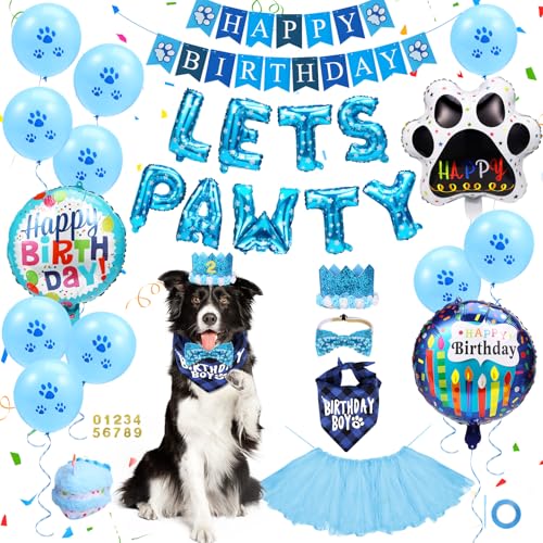 homdat Hunde-Geburtstagsparty-Zubehör, Hunde Geburtstag Junge, Hund Geburtstag Set with Dreieck Bandana Krone Hut Schal Kragen Bow Happy Birthday Banner, Geburtstagsparty-Dekorationen (Blau) von homdat