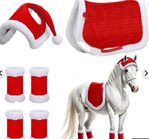 homdat 6 Stück Weihnachts-Schabracken, Weihnachtsmann-Beinwickel mit Kunstfellbesatz, Santa Red Horse Hut, Pferde-Kostüm, Weihnachtspferde Dekor, Zubehör für Pferdekostüme von homdat