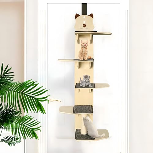 5 Ebenen Türhängender Katzenkletterer, Türmontierter vertikaler Katzenbaumturm mit voller Teppichbohle & Katzenkratzbaum, vielseitig über der Tür Katzenkletterer, Indoor-Katzenklettermöbel von homegroove