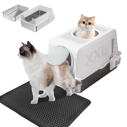 Katzentoilette aus Edelstahl mit Deckel, geschlossene Katzentoilette mit Scroop & hohem Wandgehäuse, XL Extra große Metall-Katzentoiletten für große Katzen, nicht klebrig, Anti-Auslaufen, einfache von homegroove