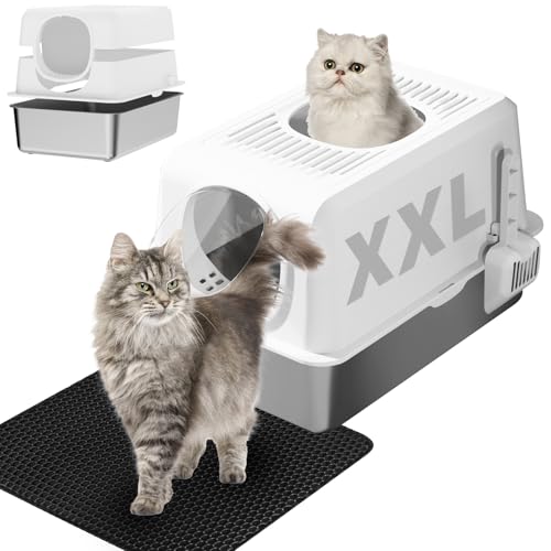 Upgrade Katzentoilette mit seitlicher und oberer Öffnung, Edelstahl, geschlossene Katzentoilette mit Deckel, XL extra große Metalltoilette für große Katzen, hohe Wandseiten abgedeckte Katzentoilette von homegroove