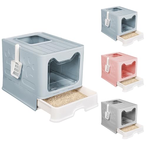 Homewell Faltbare Katzenklo, Vollständig Geschlossene Katzentoilette mit Deckel, Ausziehbares Tablett, Geräumig für Katzen bis 15 LB, mit hängender Katzenstreuschaufel (Blau) von homewell