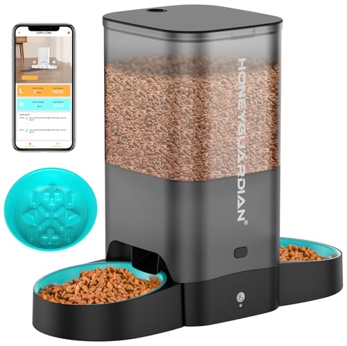 HoneyGuaridan Futterautomat Katze WiFi 2.4G mit 2 Näpfe, Ausgewogene Portionsverteilung, Intelligenter futterautomat mit APP-Steuerung zum Fernfüttern von Katzen und Hunden (Langsamer Futternapf) von honeyguaridan