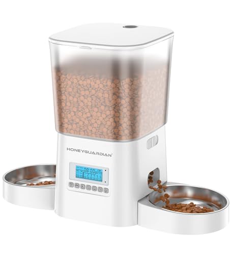 HoneyGuaridan Futterautomat Katze 2 näpfe, Futter für 2 Katzen gleichmäßig verteilen, 3.5L Automatischer Futterspender für Katzen & Hunde, Edelstahlschüssel, Sprachaufzeichnung,1-6 Mahlzeiten/Tag von honeyguaridan