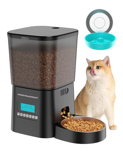 HoneyGuaridan Futterautomat Katze mit Edelstahlschüssel & Langsam Futternapf, 3.5L Automatischer Futterspender für Katzen & Hunde, 10s Sprachaufzeichnung,1-6 Mahlzeiten/Tag (Doppelte Stromversorgung) von honeyguaridan