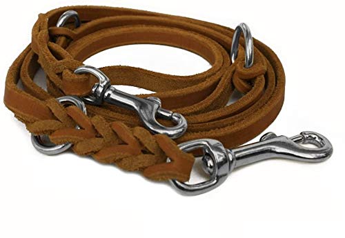 Fettleder Führleine 3-Fach verstellbare Lederleine geflochten für Hunde 96 Modelle zur Auswahl (2,40m x 10mm, Cognac, Edelstahl Haken) von hund-natuerlich