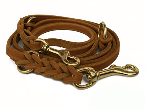 Fettleder Führleine 3-Fach verstellbare Lederleine geflochten für Hunde 96 Modelle zur Auswahl (2,40m x 10mm, Cognac, Messing Haken) von hund-natuerlich