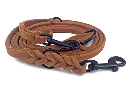 Fettleder Führleine 3-Fach verstellbare Lederleine geflochten für Hunde 96 Modelle zur Auswahl (2,40m x 10mm, Cognac, schwarz Matte Haken) von hund-natuerlich