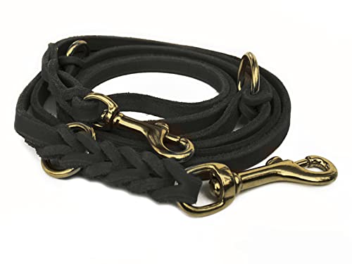 Fettleder Führleine 3-Fach verstellbare Lederleine geflochten für Hunde 96 Modelle zur Auswahl (2,40m x 12mm, schwarz, Messing Haken) von hund-natuerlich