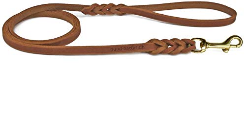 Fettlederleine geflochten 1m, 1,35m, 2,20m mit Handschlaufe (1.35m x 8mm Cognac Messing) von Hund natürlich