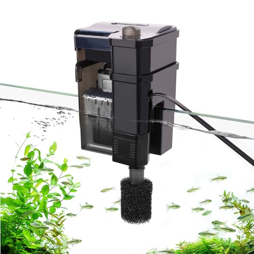 hygger Hang On Filter Aquarium, 300L/H 5W Fish Tank Filter, Ultra Leiser Aquarium Filter mit Doppelschichtiger Filterkammer,Einstellbarer Wasserdurchfluss Hang On Filter für 15–80L Tanks von hygger