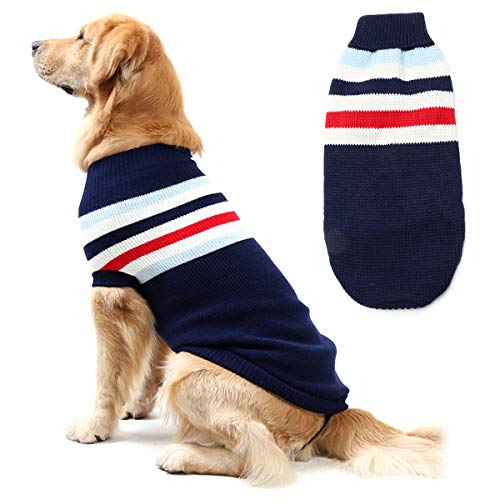 Hundepullover Mantel, Klassischer Streifen Haustier Katze Welpe Weiche Strickjacke Warmer Pullover Winterkleidung Bekleidung (20 Zoll, Blauer Streifen) von iFCOW