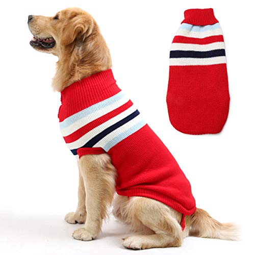 Hundepullover Mantel, Klassischer Streifen Haustier Katze Welpe Weiche Strickjacke Warmer Pullover Winterkleidung Bekleidung (24 Zoll, Roter Streifen) von iFCOW