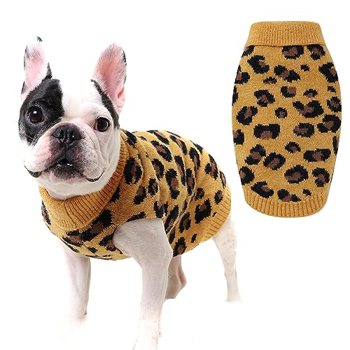 iFCOW Hundepullover, Leopardenmuster Hund Rollkragenpullover Haustier Kleidung gestrickt Mantel Katze Hund Sweatshirt Winter Strickwaren warme Kleidung für kleine Hund Katze Welpe Kätzchen von iFCOW