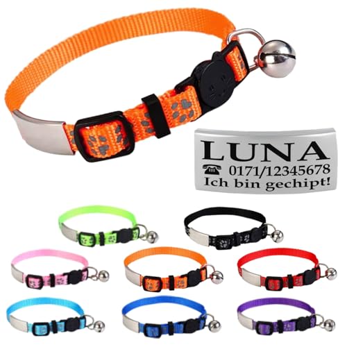 Ibera gifts - Katzenhalsband Personalisiert, Katzenhalsband mit Namen Für Katzen mit Sicherheitsverschluss Selbstöffnend, Reflektierend (Orange) von ibera gifts