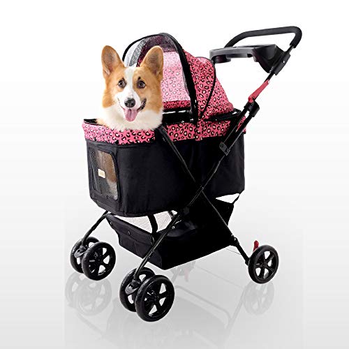 Erschwinglicher Multi-Pet-Stroller für einen mittleren oder 2 kleinen Hunde oder Katzen mit umwandelbarem Awning und Easy Fold-Up Design (Pinkpard) von ibiyaya