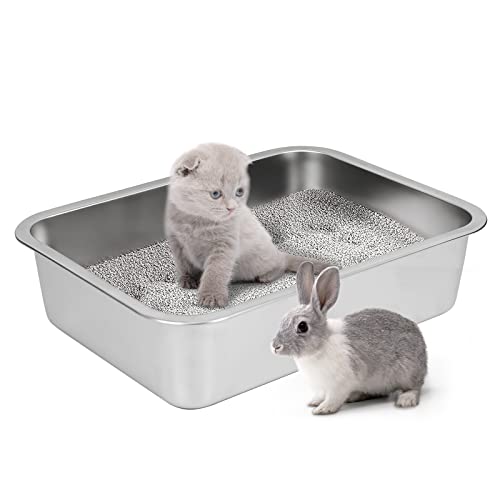 IKITCHEN Große Katzentoilette Edelstahl(40×30×10cm), Litter Box Katzenklo, Katzen und Kaninchen Metall klo, Niemals Gerüche, Fleckfrei, Rostfrei, Antihaft Glatte Oberfläche, Anti-Rutsch Gummiboden von ikitchen