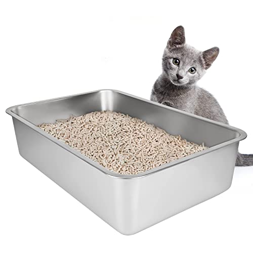 IKITCHEN Große Katzentoilette Edelstahl(50×35×10cm), Litter Box Katzenklo, Katzen und Kaninchen Metall klo, Niemals Gerüche, Fleckfrei, Rostfrei, Antihaft Glatte Oberfläche, Anti-Rutsch Gummiboden von ikitchen