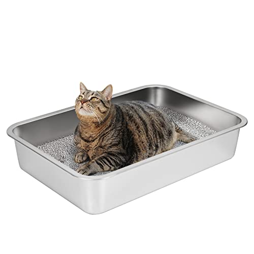 IKITCHEN Große Katzentoilette Edelstahl(60×40×10cm), Litter Box Katzenklo, Katzen und Kaninchen Metall klo, Niemals Gerüche, Fleckfrei, Rostfrei, Antihaft Glatte Oberfläche, Anti-Rutsch Gummiboden von ikitchen