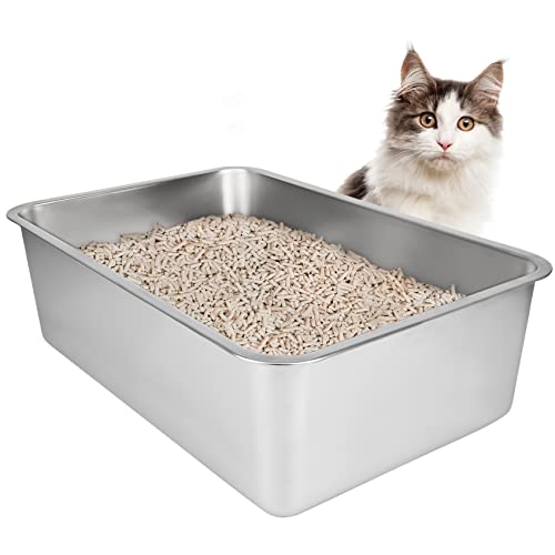 IKITCHEN Große Katzentoilette Edelstahl(60×40×20cm), Litter Box Katzenklo, Katzen und Kaninchen Metall klo, Niemals Gerüche, Fleckfrei, Rostfrei, Antihaft Glatte Oberfläche, Anti-Rutsch Gummiboden von ikitchen