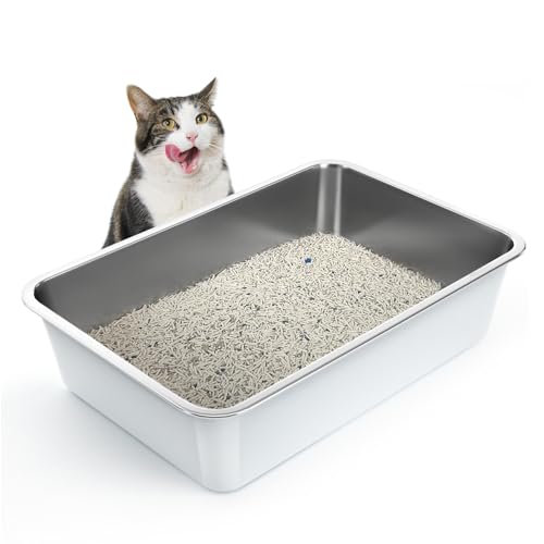 IKITCHEN Weiß Große Katzentoilette Edelstahl(60×40×15cm), Litter Box Katzenklo, Katzen und Kaninchen Metall klo, Niemals Gerüche, Fleckfrei, Rostfrei, Antihaft Glatte Oberfläche,Anti-Rutsch Gummiboden von ikitchen