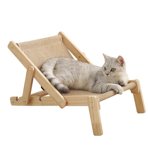 Lässiger Katzenstuhl – Sisal Scratcher Mini-Strandstuhl, erhöhtes Bett, Verstellbarer Katzen-Sisal-Loungesessel, langlebige Katzenliege aus Holz, erhöhtes Katzenbett für Hauskatzen von inhis