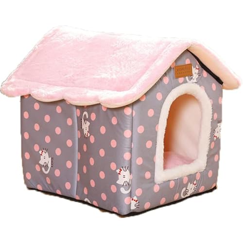 Katzen- und Welpenhaus für den Innenbereich, zusammenklappbares Höhlenhaus, Katzenhaus, Hundehütte mit waschbarer, Abnehmbarer Matte, geschlossenes warmes Schlafnest,Large,Pink von inmen