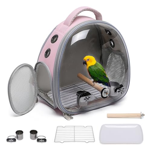 Ioview Vogelkäfig, Reise-Rucksack für Haustiere, mit Stehstange, Papageien, Nymphensittiche, Futternapf für Sittiche, Sittiche, Wellensittiche, Kanarienvögel und Kleintiere (Rosa + Zubehör) von ioview