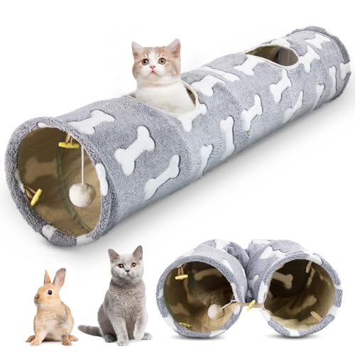 ipetstion Gerader Katzentunnel für Indoor-Katzen, 120cm Katzentunnel Große Katzen, Katzen-Plüsch-Tunnel, zusammenklappbar, mit Katzenspielzeug-Ball für Kätzchen, Welpen, Kaninchen, Kaninchen von ipetstation