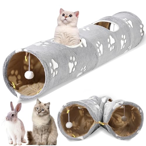 Ipetstation Gerade Katzentunnel für Indoor-Katzen, Katze Plüsch Faltbarer Tunnel mit Katzenspielzeug Ball für Indoor Kätzchen (Katze Bedruckt) von ipetstation