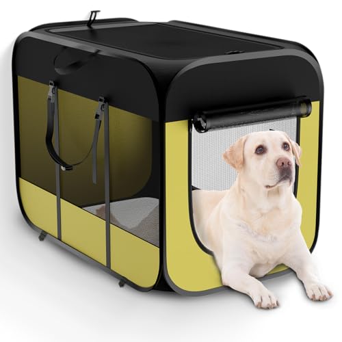 Tragbare große Hundebox, 81,3 cm, Pop-Up-Hundebox mit Griff, zusammenklappbare Hundebox für drinnen und draußen, doppelte sichere Befestigungsmodi für Autoreisen, Hundebox mit weicher, warmer Decke von ipetstation