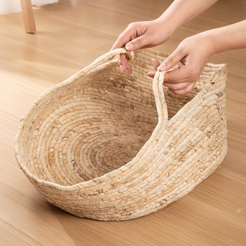 iplusmile Katzenkorb zum Schlafen - Geflochten Katzenbett, Handgefertigter Rattankorb, Sommer Stroh Hundebett Haustierbett 40x40x14cm von iplusmile