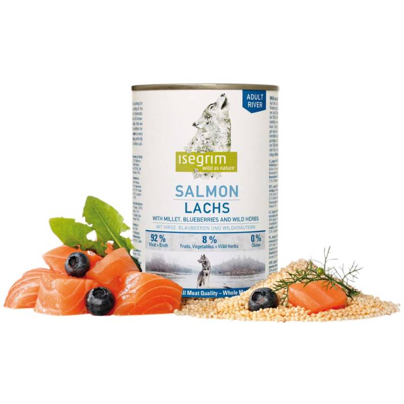 isegrim® RIVER Lachs mit Hirse, Blaubeeren & Wildkräutern, Anzahl: 12 x 400 g, 400 g, Hundefutter nass von isegrim®