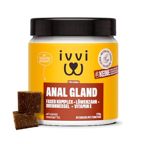 ivvi Anal Gland - Snacks zur Unterstützung der Analdrüsen bei Hunden. Enthält Kürbisfleisch, Flohsamenschalen, Leinsamen, Löwenzahn, Brennessel und Präbiotika. 60 Snacks (270g) mit Erdnussbutter von ivvi